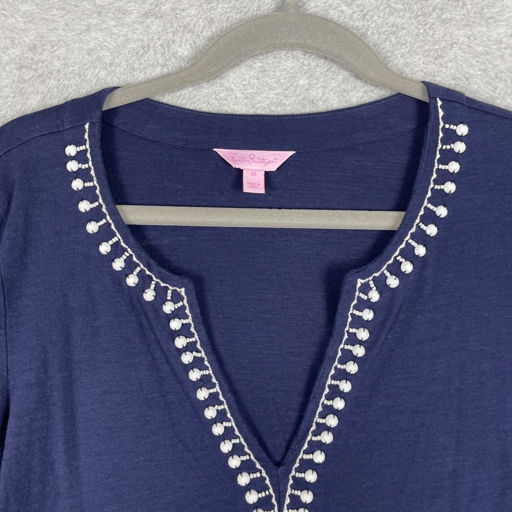 Lilly Pulitzer Elaine Embroidered Tunic Top Womens M True Navy Split Neck Casual - Picture 3 of 9